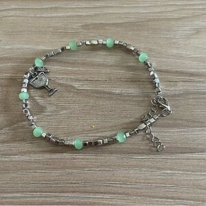 Silver and Green Beaded Bracelet with Charm